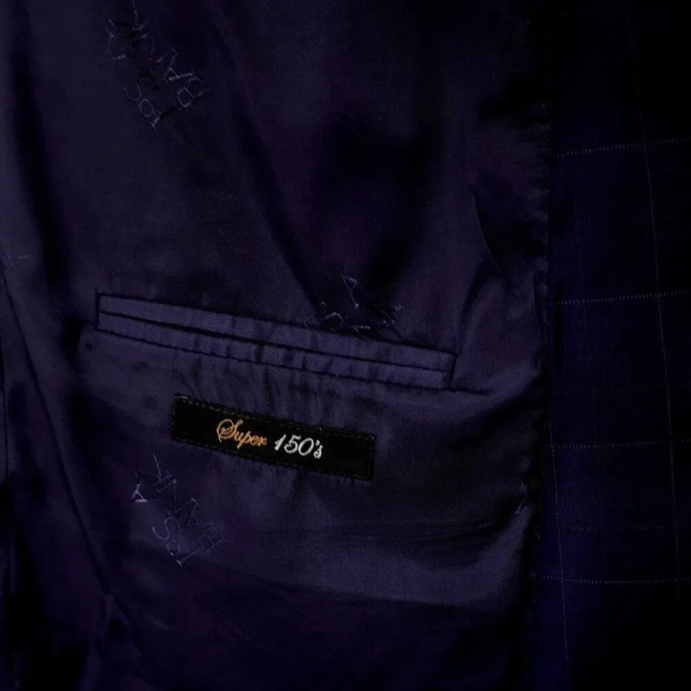 Jos A Bank Signature Gold Super 150s Wool‎ Blue Windowpane 42L 2 Button Blazer